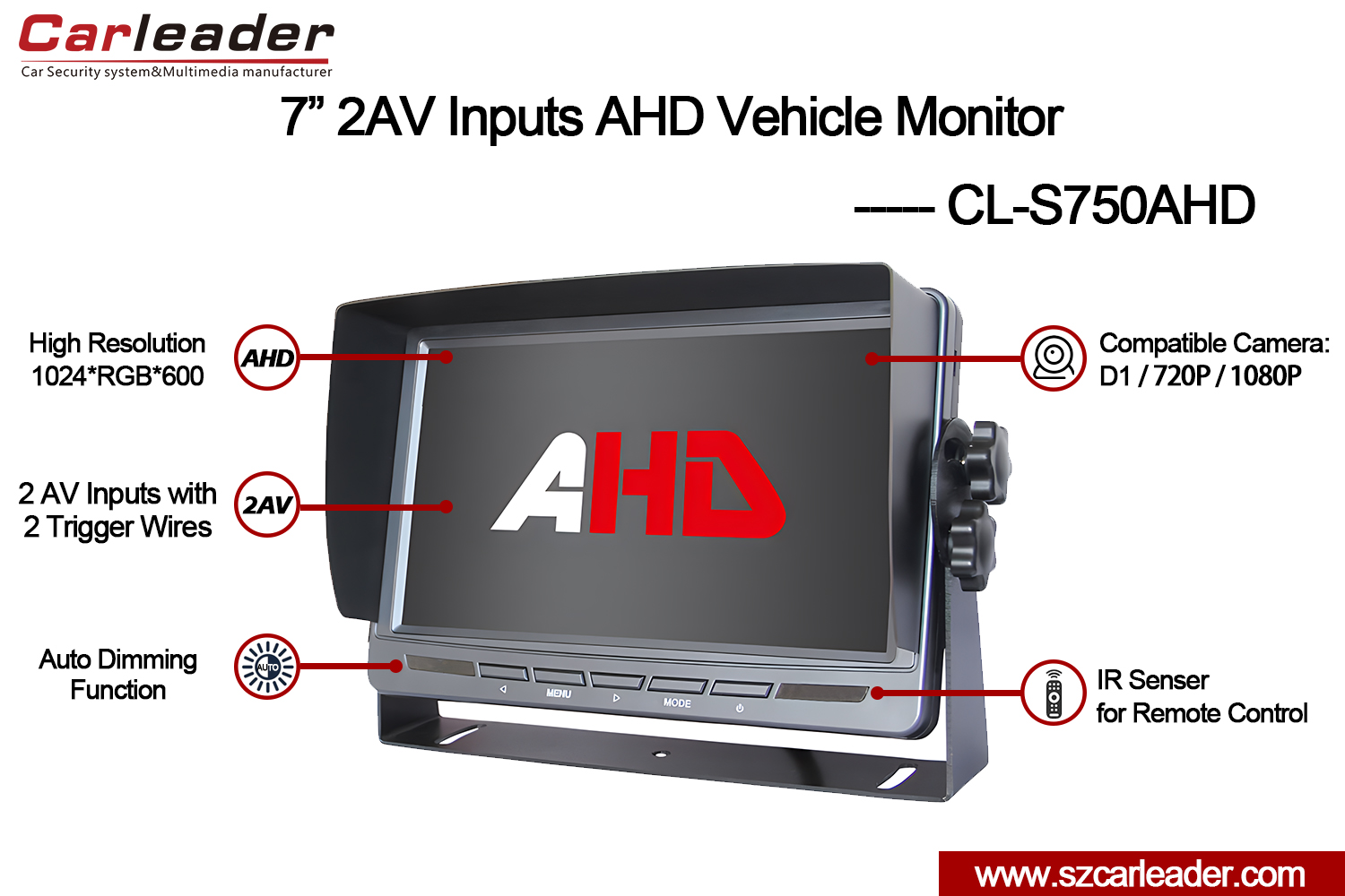 ट्रकसाठी 7 इंच 2AV AHD रिव्हर्सिंग मॉनिटर